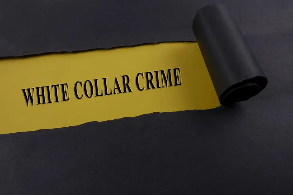 Torn black paper on yellow surface with "WHITE COLLAR CRIME" word.