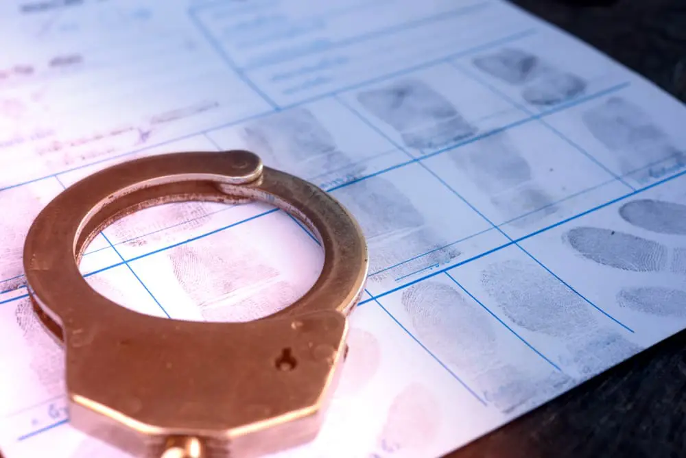 Police Handcuffs on fingerprints crime page file. Crime and violence concept.