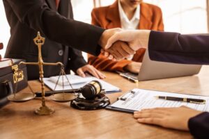 Shaking hands, Lawyers offer legal guidance, stand for clients in court, and aid with legal paperwork. 