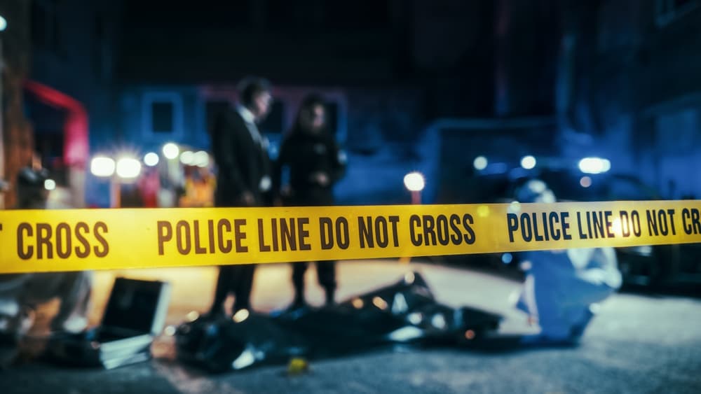 Murder crime Scene Yellow Tape Showing Text "Police Line Do Not Cross".